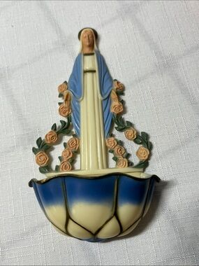 Virgin Mary Wall Holy Water Font with Blue and Cream Colors
Hartland